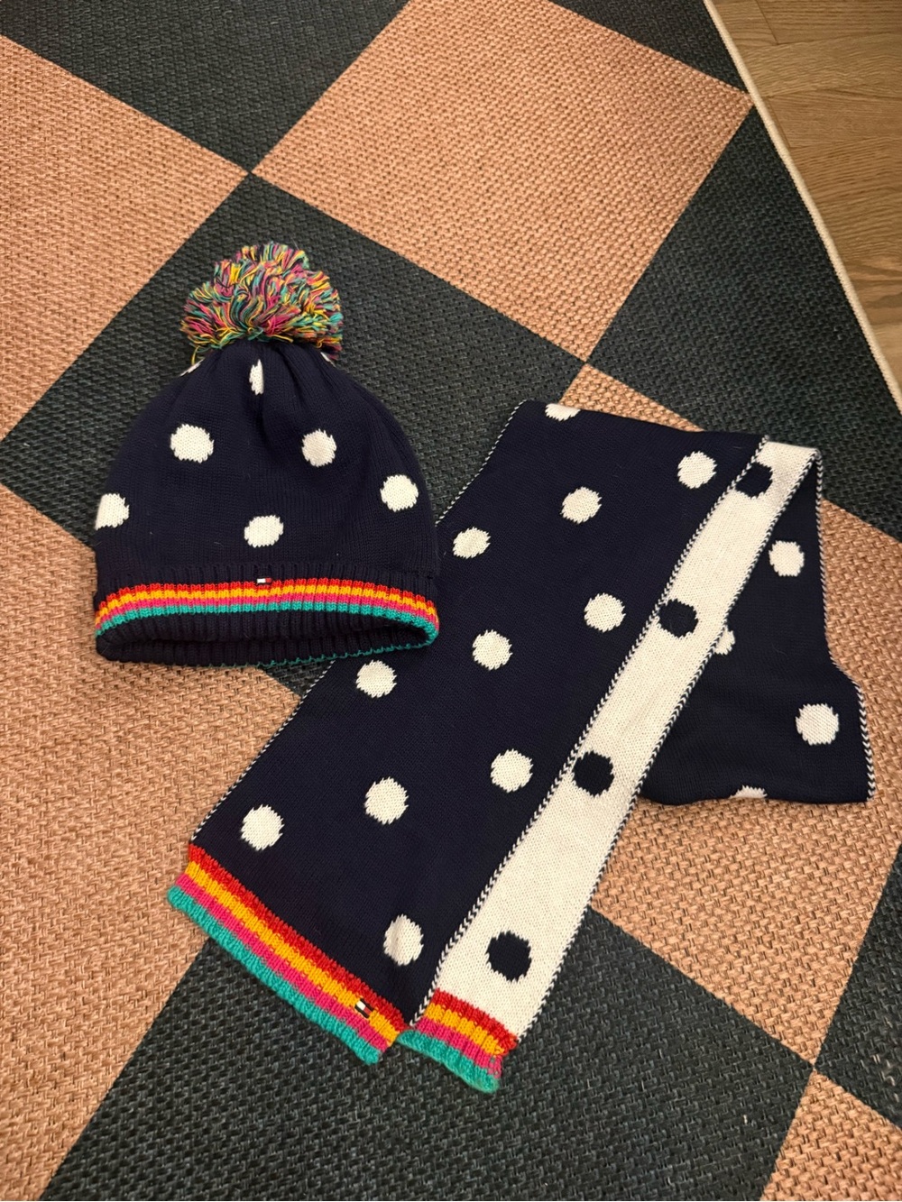 Tommy Hilfiger Navy Polka Dot Beanie and Scarf Set with Rainbow Trim